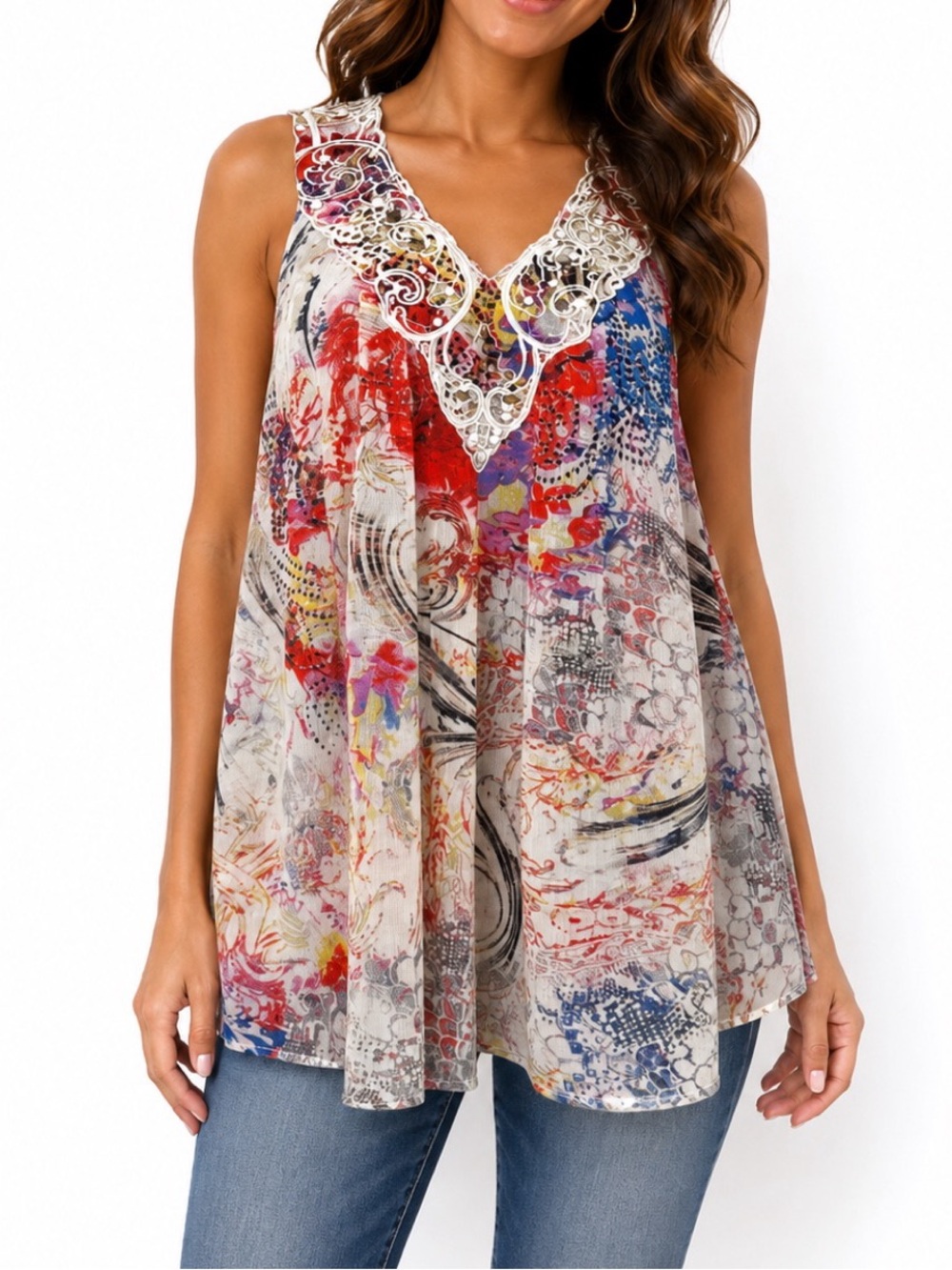 Mushka by Sienna Rose semi-sheer watercolor tank top or tunic with lace trim